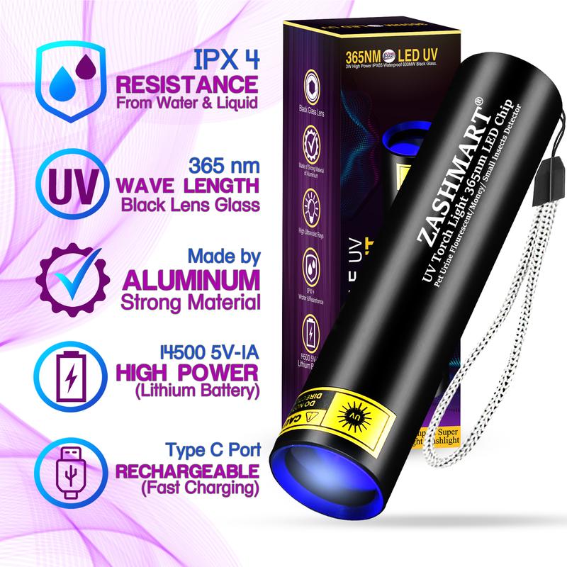 ZASHMART UV Torch 365nm Rechargeable Ultraviolet Light for Pet Urine Detection and Identification of Stains - UV Light For Pet Urine Detection | 3W USB Type C-Cable Rechargeable Torch | Mini Black Light Money Detector | Torch For Outdoor Indoor Use. 3