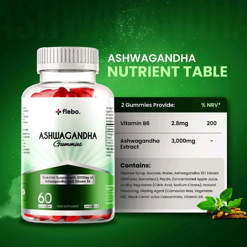 Flebo Vegan Ashwagandha Gummies | 60 Two-a-Day Gummies | Natural Stress and Anxiety Relief | High Strength Ashwagandha with Vitamin B6 | Apple Flavour Healthcare Fitness Dietary 7