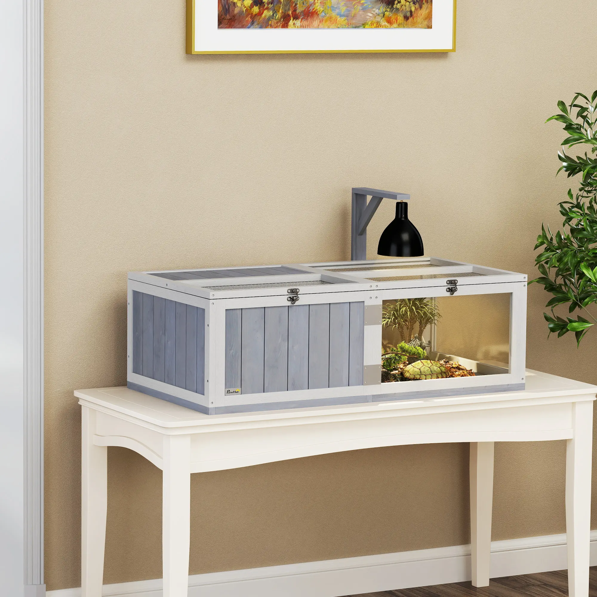 PawHut Tortoise House with Lamp Holder, Wooden Tortoise Enclosure with Clear Observation Windows, Openable Tops, Built-in Tray, 2-Room Tortoise Table for Indoor Use, Light Grey