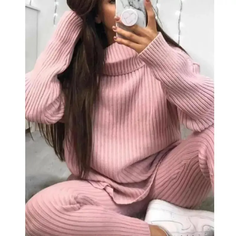 Ladies Chunky Knitted Loungewear Ladies Polo High Neck Top Leggings Suit Womenswear Overalls Underwear Lady Women Comfort Basic Long Sleeve Minimalist Chic Comfortable 3