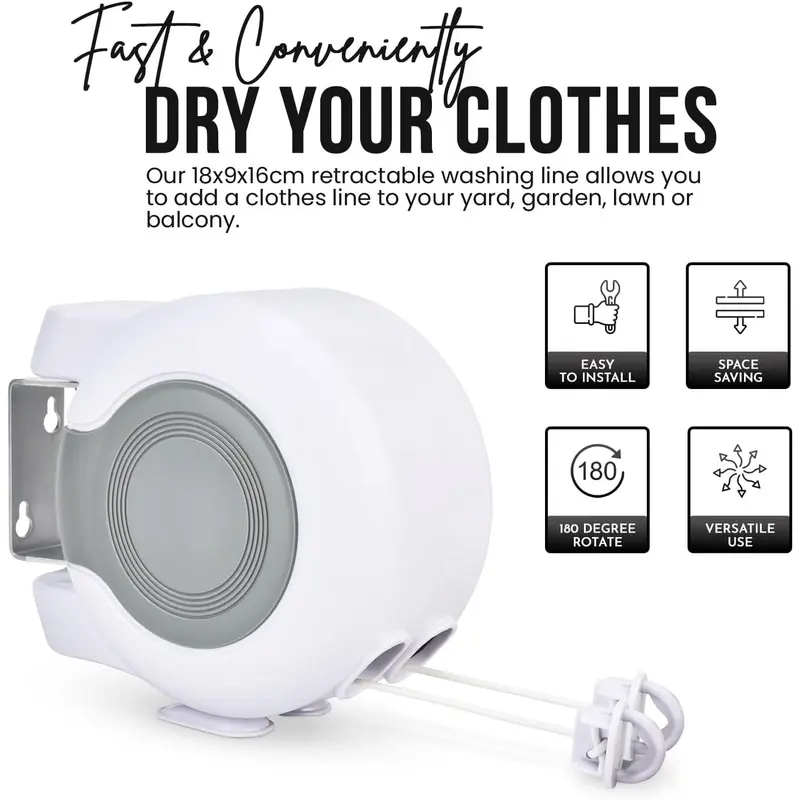 SA Products Wall Mounted Twin Cable Retractable Washing Line - 30m Long Clothes Line - Extendable Laundry Drying String Line Heavy-Duty Plastic & Polyvinyl - Ideal For Indoor & Outdoor Use - Black Accessories 8