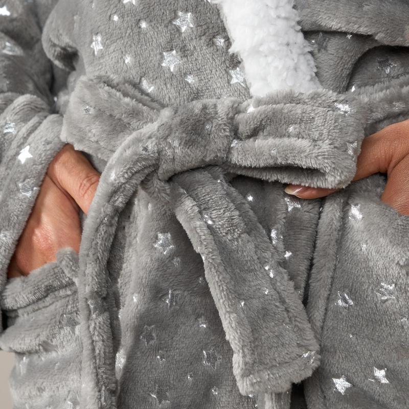 OHS Womens Hearts Stars Foiled Soft Cosy Sherpa Fleece Robe Dressing Gown 8