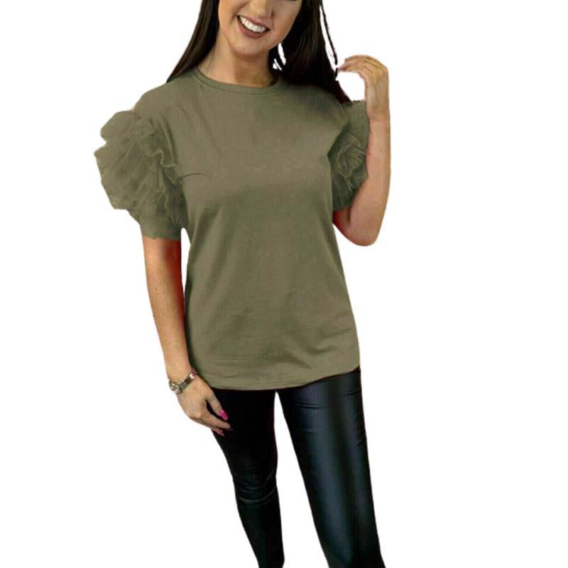 Womens Ladies Tulle Scoop Neck Frill Mesh Puff Short Sleeve Party Tee TShirt Top 7