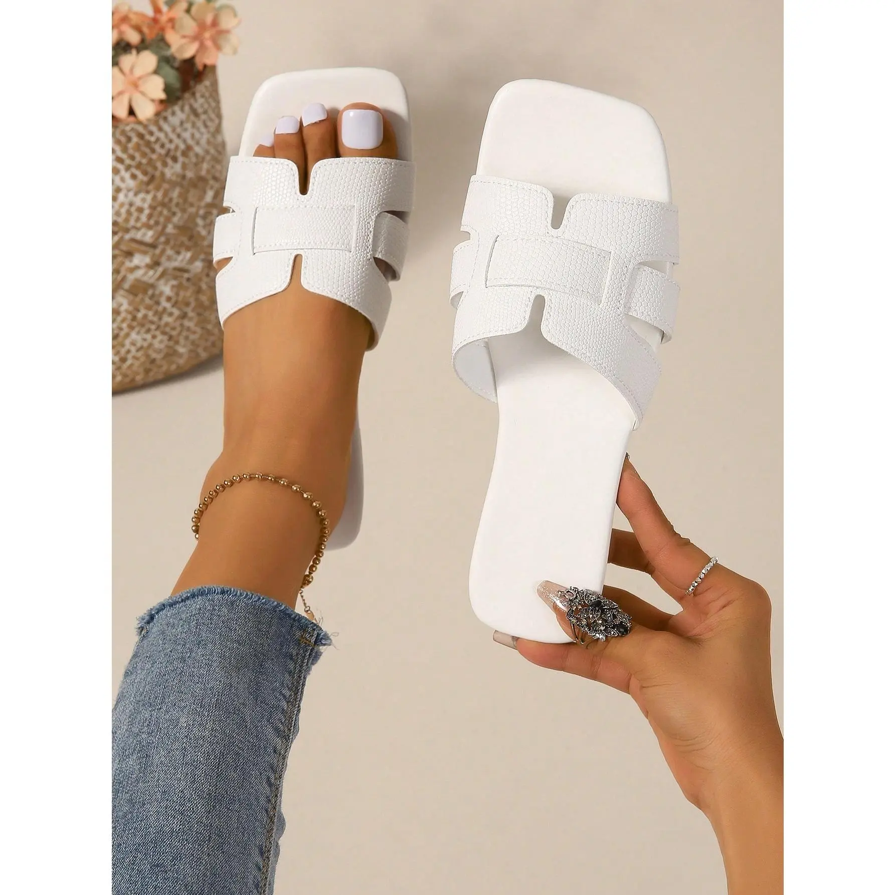 Women's Fashion Square Toe Flat Slides Sandals, Versatile For Spring & Summer