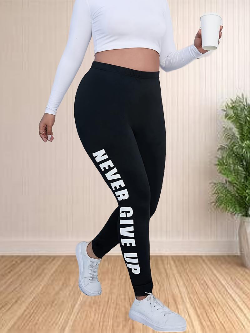 Product Introduction of Plus Size Slogan Print Skinny Leggings, Casual Every Day Stretchy Leggings, Women's Plus Size Clothing 3
