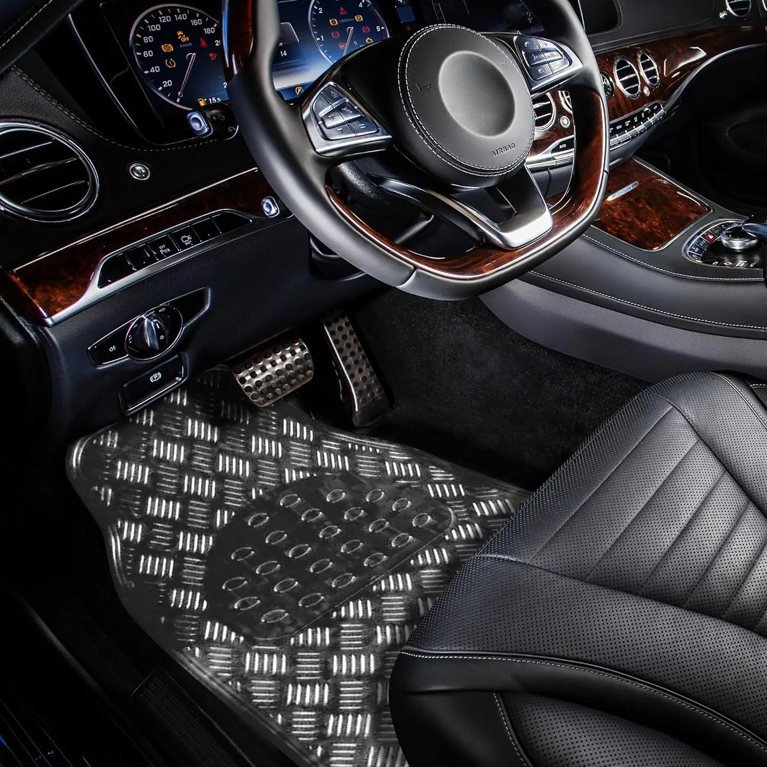 4Pc Heavy Duty Alloy Checker Chrome Plate Mat Aluminium Effect Car Mats Set Van (Carbon)