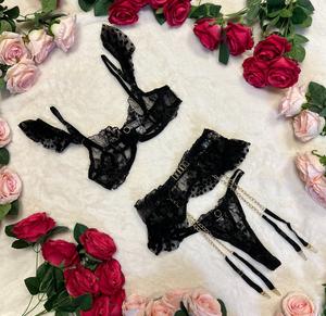 LILIOSA LINGERIE Chic Black Dark Dot Angel Sexy 3 Piece Lace Lingerie Set With Chains (Clasp Bra+Adjustable Garter+Adjustable Pants) Comfortable Underwear Elegant Womenswear Naughty Sexy Feminine Everyday Elegance Matching Lingerie, Soft Fabric Thong