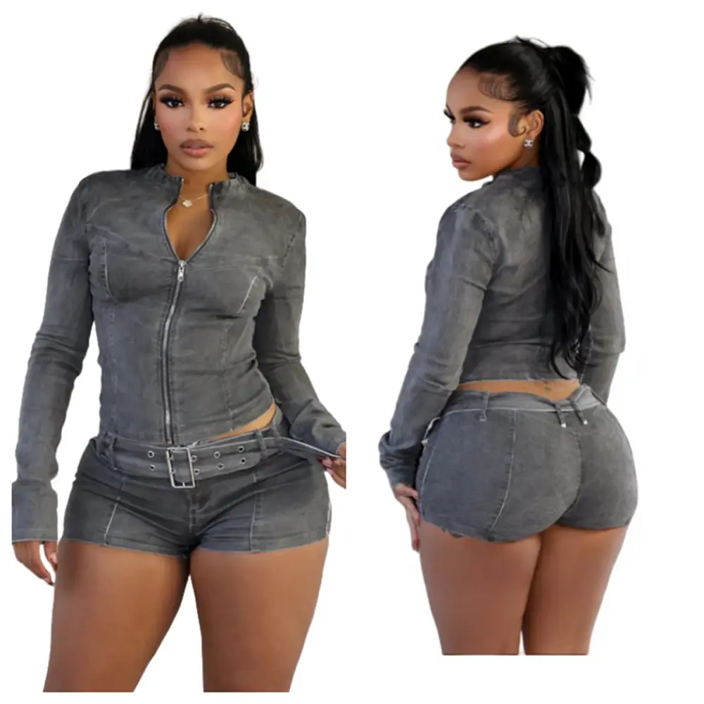 Sexy Denim Womens 2 Two Piece Set Stretchy Long Sleeve Zip Up Slim Jackets and Shorts Suits Y2k Streetwear Belt Jean Outfit Sets Clothes Womenswear
