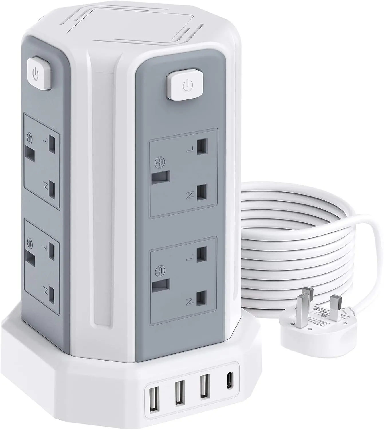 Tower Extension Lead with USB Slots, 13A 3250W, Surge Protection, 4 Control Switch, 8 Outlets & 4 USB Ports, 3M Cable for Office, Home, Kitchen