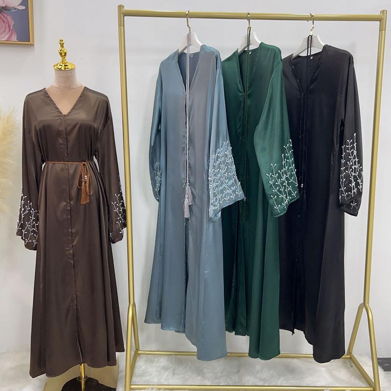 Product Introduction of HS1024 1pcs Satin Cardigan Handmade Beaded Dress Abaya 12