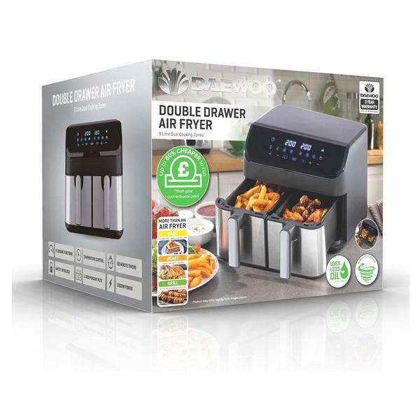 Daewoo Digital Double Drawer Air Fryer with Sync Function, Use Less Oil for Healthier Baking, Roasting and Grilling, 8 pre-set cooking Programs, 9 Liters, Family Sized, Black 7