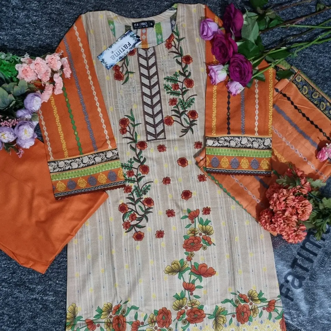 Classic 3pc Readymade Fatima Designer Dhanak Sequence EMB With Wool Shawl 3 Piece Fancy Dhank Shirt With Wool Shawl 3 Piece Suit Embroidery Daman Bazo lace Border Matching Trouser Embroidered Long Sleeve Ethnic Shirt Matching wool Shawl Comfort Womenswear