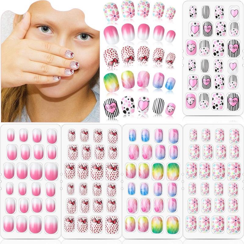 120 Pieces Kids Press on Nails Children Fake Nails Artificial Nail Tips Girls Full Cover Short False Fingernails for Girls Kids Nail Decoration (Sweet Pattern) 0