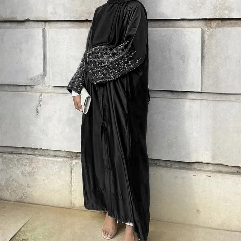 Product Introduction of HS1024 1pcs Satin Cardigan Handmade Beaded Dress Abaya 9