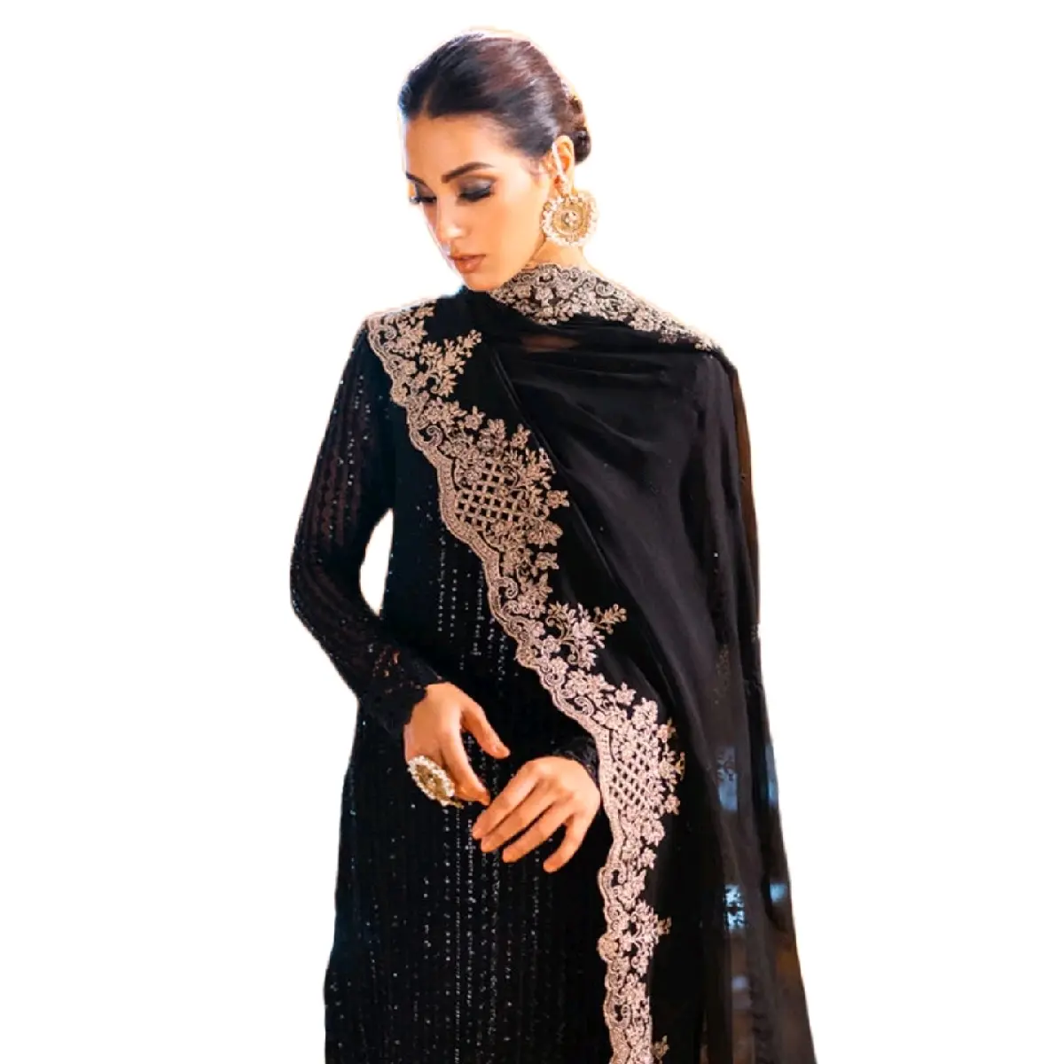 Elegant Black Womens Shirt Dress with Heavy Embroidery and Pure Chiffon Duppata and Trouser Comfort Fabric Traditional Clothing Original Womenswear