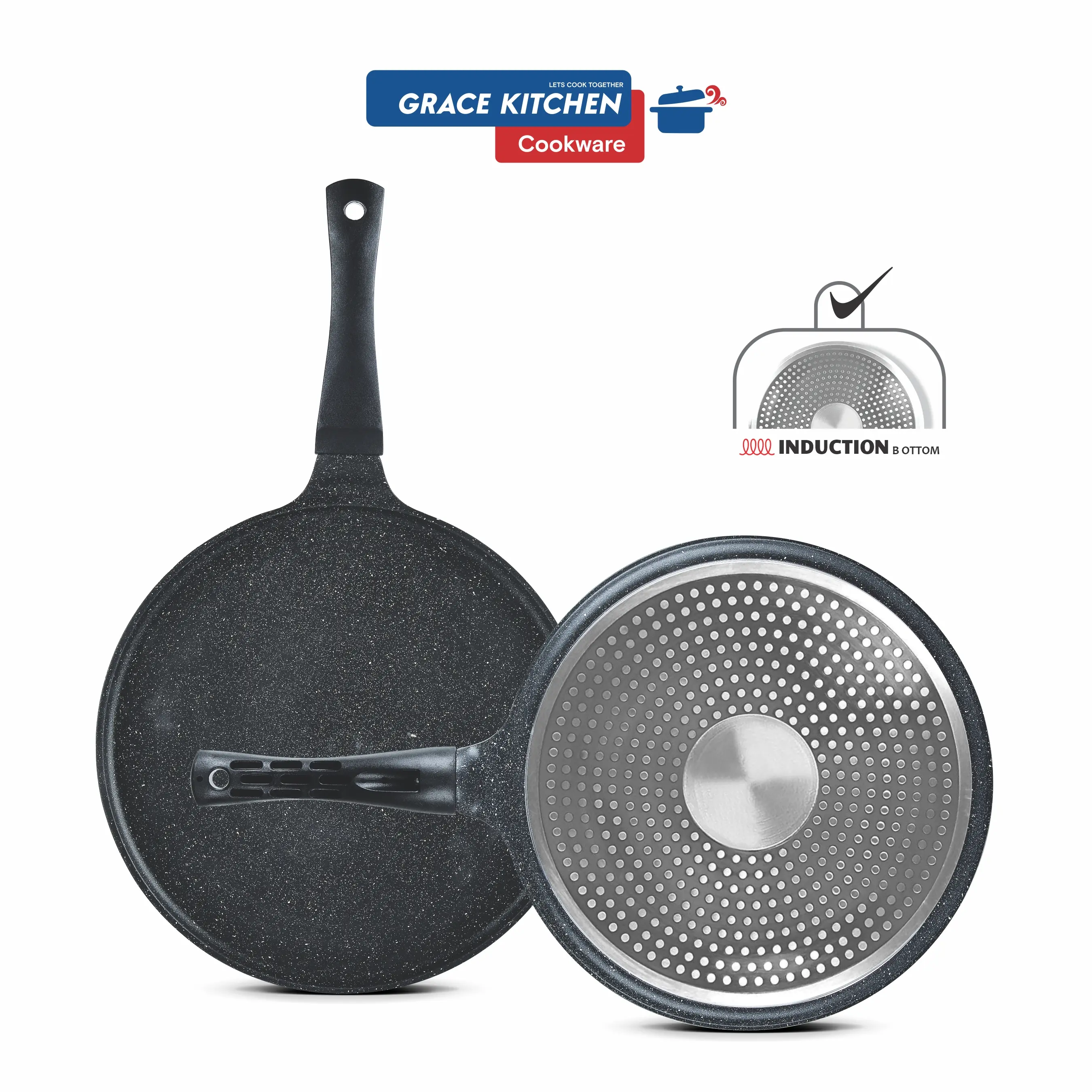 GRACE Non Stick Crepe Pan, Dosa Pan Die-cast Aluminium Pancake Flat Skillet Tawa Griddle 30cm with Stay-Cool Handle, Induction Compatible, PFOA Free Cookware