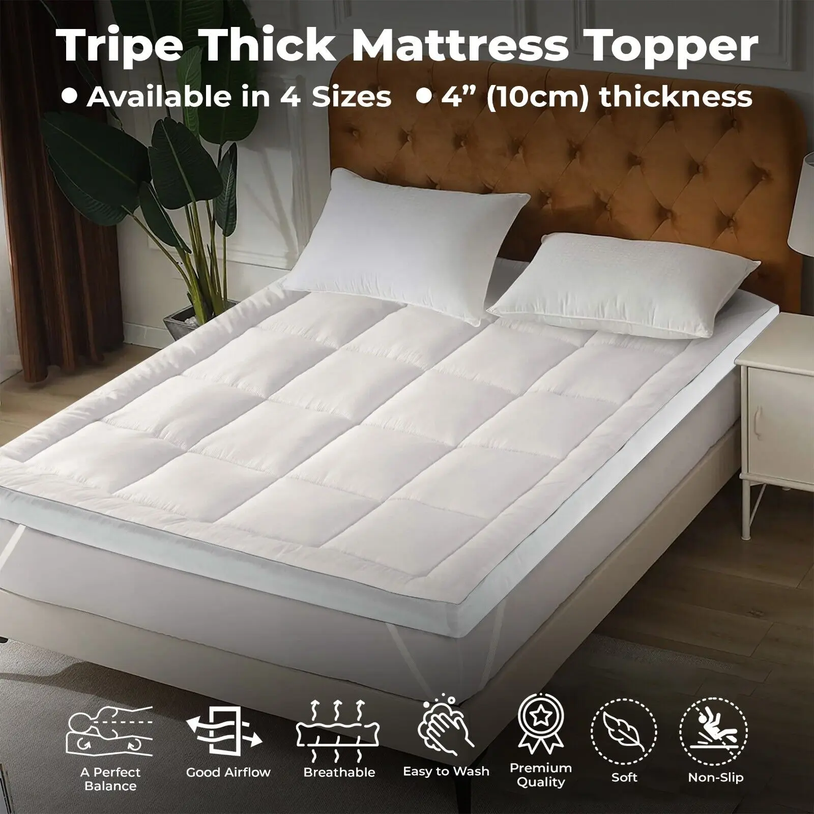 Mattress Topper 10cm Luxury Soft Hotel Quality Microfiber 4" inch Deep Breathable Soft Quilted Non-Allergenic Mattress Topper With Straps, Washable Cotton Single Double King Super King All Sizes comfort