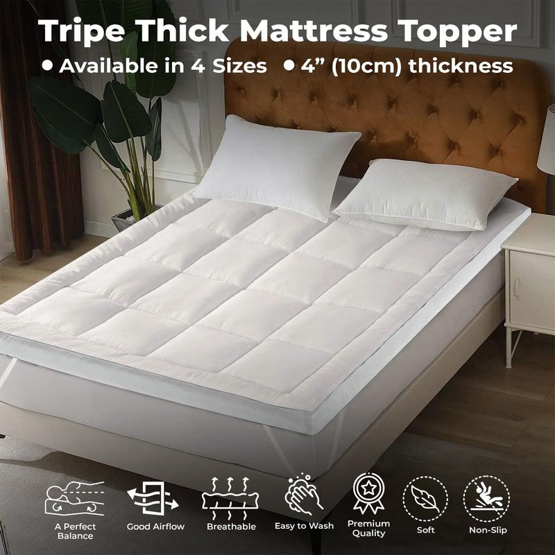 Mattress Topper 10cm Luxury Soft Hotel Quality Microfiber 4" inch Deep Breathable Soft Quilted Non-Allergenic Mattress Topper With Straps, Washable Cotton Single Double King Super King All Sizes comfort 1