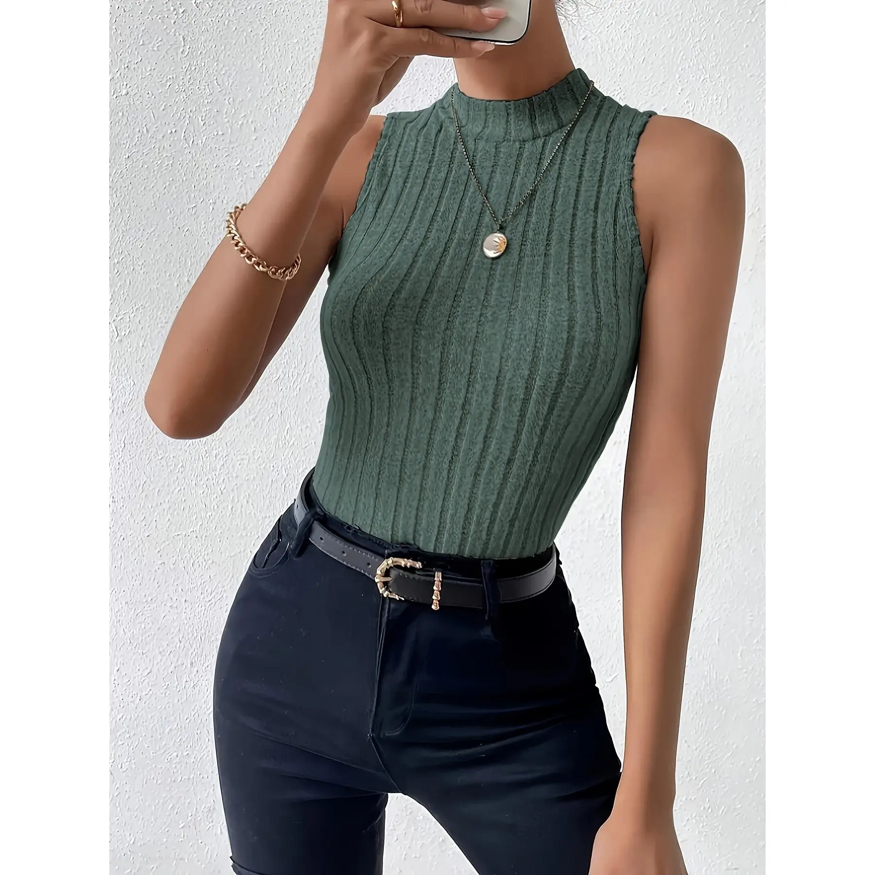 European and American Style Women's New Sleeveless Slim Knit Stand Collar Stretch Cross-Border Fashion Basic Vest Top Womenswear Comfort