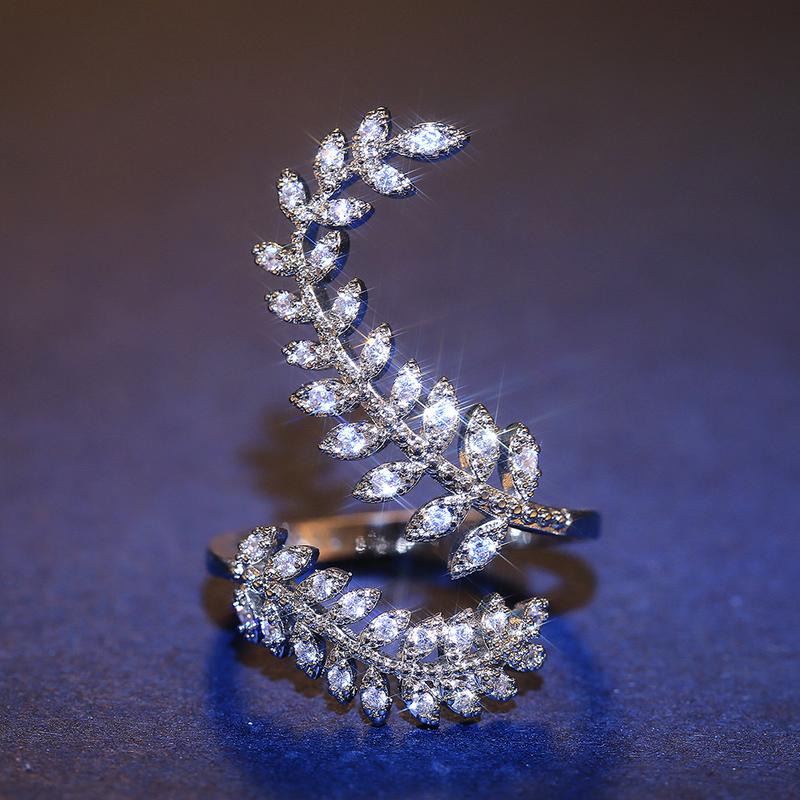 Luxurious High-end Fashion Accessory With Synthetic Zirconia Plant Leaf Design Long Ring 4