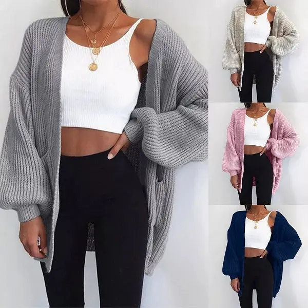Women's Chunky Knitted Oversized Cardigan Ladies Balloon Sleeve Short Cardigan Womenswear Knitwear Fit Comfortable Tops Underwear Chic Lady cropped Long Sleeve Knitting