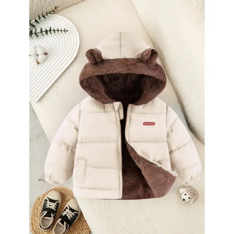 Youngsters' Reversible Fleece-Lined Hooded Jacket - Warm, Windproof Winter Coat for Boys & Girls, Casual Solid Color with Zip Detail 2