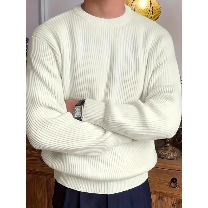 Warm Texture Knitted Sweater, Men's Casual Solid Color Slightly Stretch Round Neck Pullover Sweater For Fall Winter