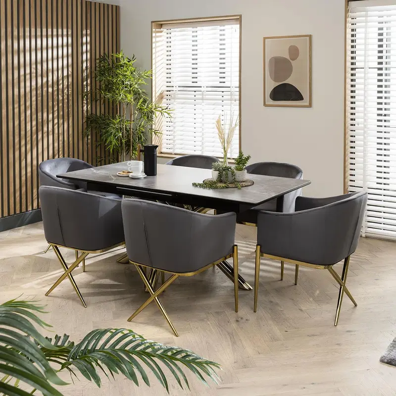 6 Seater Extendable Dining Set - Grey Ceramic Table - Premium Velvet Chairs 2