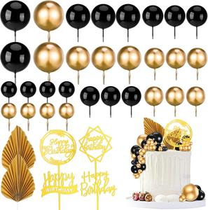 36 PCS Black and Gold Cake Decorations Black and Gold Foam Balls Palm Leaves Cake Toppers For Happy Birthday Wedding Anniversary Party Supplies Set Ornaments