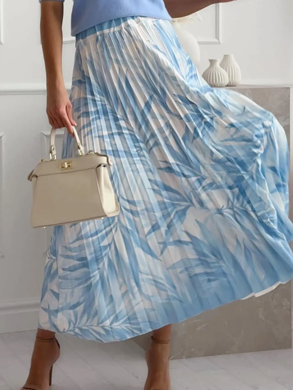 Womenswear Summer Pleated Tropical Floral Midaxi Midi Long Skirt - Blue