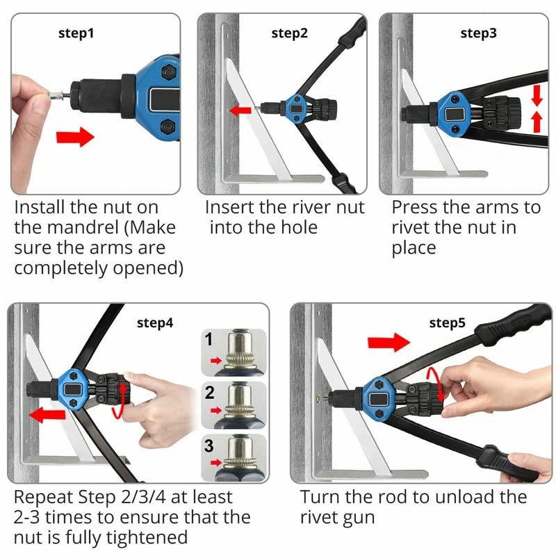 Product Introduction of Professional 13" Hand Rivet Nut Gun Hand Riveter Rivnut Tool Kit with 7 Pcs Metric Mandrels and 110 Pcs Rivet Nuts from M3 to M12, Labor-Saving Design, with Carrying Case 9