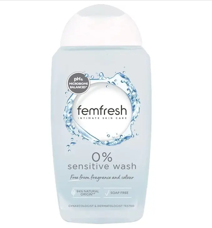 Femfresh 0% Sensitive Intimate Wash - Feminine Hygiene Shower & Bath Gel Cleanser - pH Balanced, Soap Free, Fragrance Free Vegan Formula - w. Purifying Lotus Flower Extract to Soothe & Protect - 250ml
