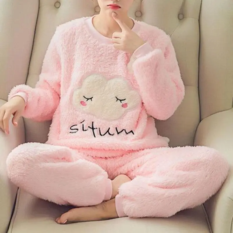 2 Pcs/Set Women Winter Pajamas Thickened Coral Fleece Soft Long Sleeve Elastic Waist Homewear Top Pants Set