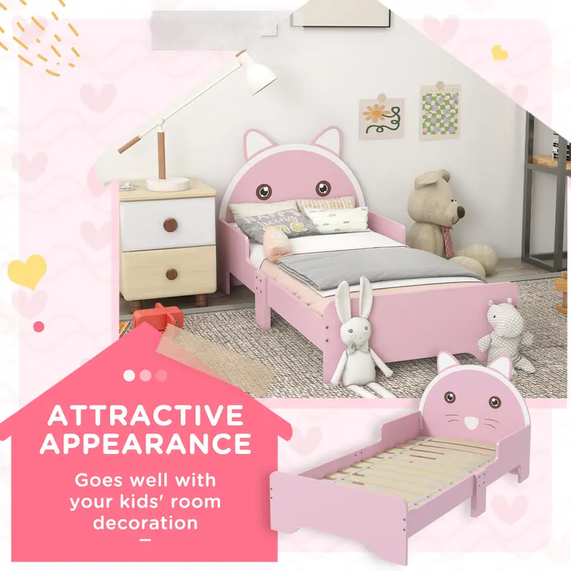 ZONEKIZ Toddler Bed Frame, Kids Bed Cat Design Princess Bed Bedroom Furniture with Guardrails, for 3-6 Years Old, 143L x 74W x 72Hcm - Pink 2