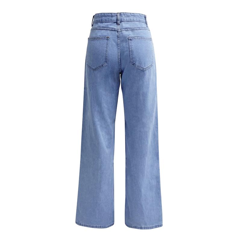 Product Introduction of Women Jeans Straight Pants Denim Washing High Waist Loose Fit Pockets Basics Ankle Length Pants Solid Color Slight Strech 2