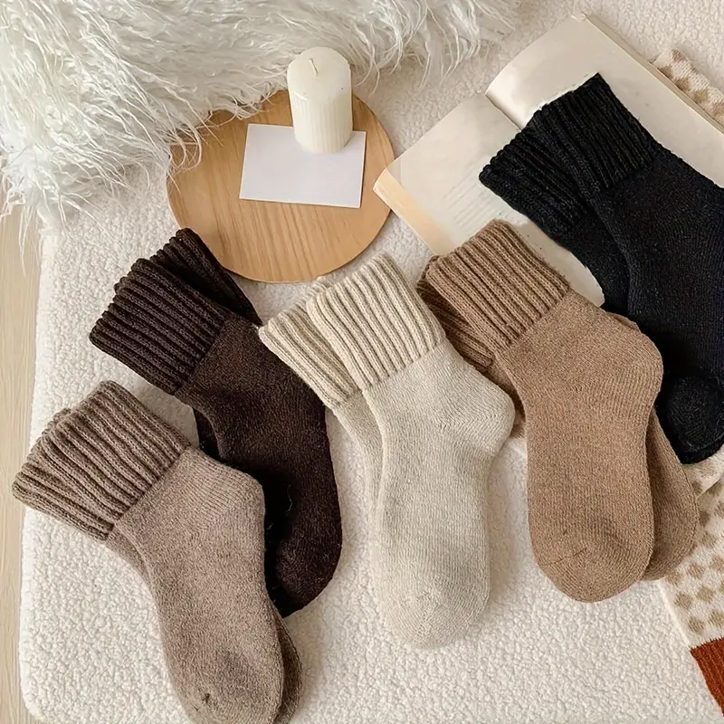 A&H     Women's Soft and Cozy Thick Terry Snow Socks (5 Pairs) - Mid-Calf Length, in Beige and Brown Solid Colors, Polyester Blend, Perfect for Cold Weather, Adorable and Warm 1