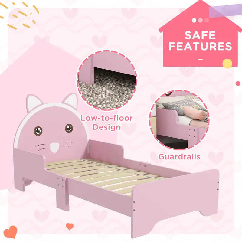 ZONEKIZ Toddler Bed Frame, Kids Bed Cat Design Princess Bed Bedroom Furniture with Guardrails, for 3-6 Years Old, 143L x 74W x 72Hcm - Pink 3