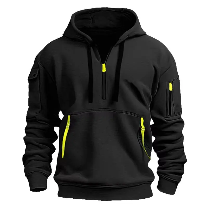 Men's Casual Fashion Hooded Sweatshirt with Multiple Zipper Pockets - 100% Polyester Knitted Fabric, Solid Color, Long Sleeve, Regular Fit 5