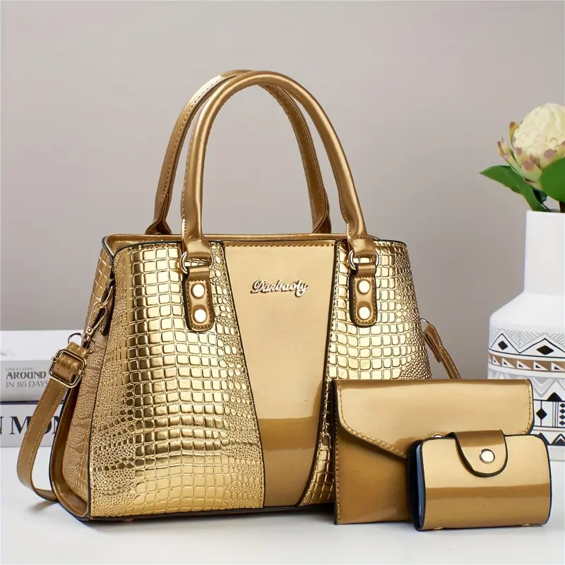 3pcs Elegant Faux Leather Satchel with Crocodile Pattern, Sequined, Spacious Multi-Functional Bag, Lightweight Fashion Handbag with Zip Closure and Fixed Shoulder Straps, with Spandex Lining for Women 7