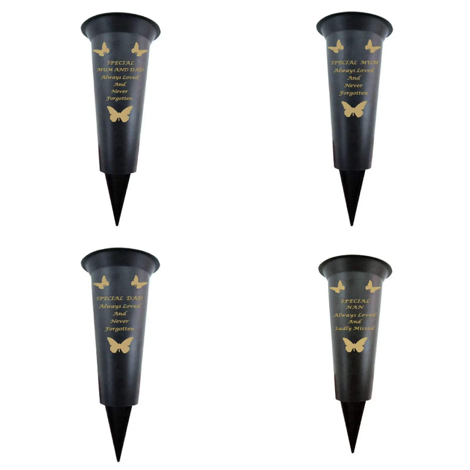 Memorial Black Plastic flower holder Spike Vase With Gold Butterfly Detail grave plaque ornaments