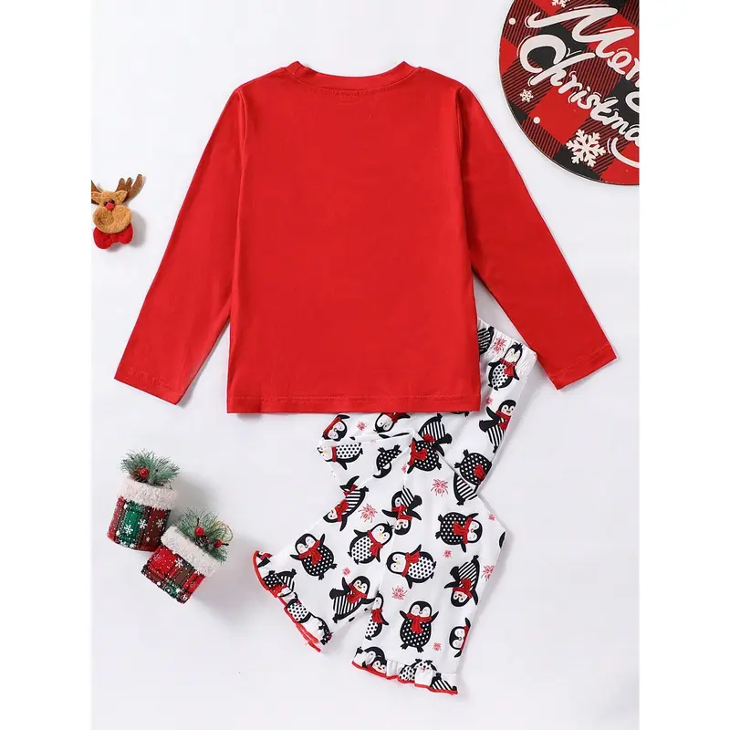 2 pcs/set young girl Minimalist firework & Penguin printed long sleeve top and pants pajama set, for Christmas 1