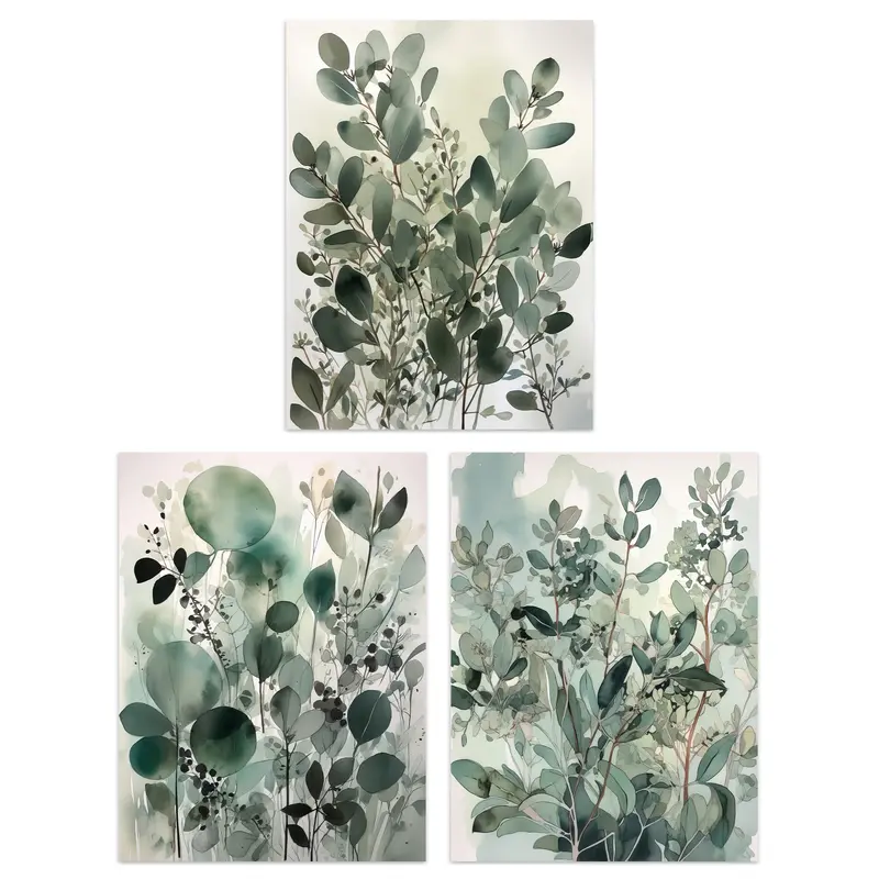 Set of 3 A4 Botanical Plants Sage Green Watercolour Eucalyptus Leaves Boho Artworks Unframed Wall Art Living Room Poster Prints Pack Decor Ornaments Decoration  Photo 0