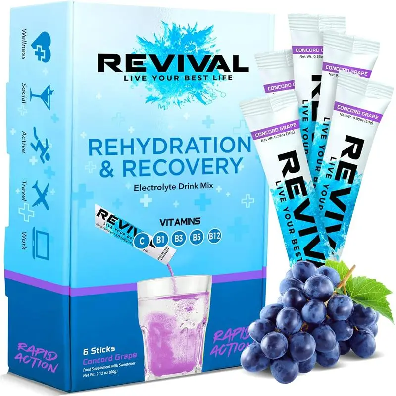 Revival Rapid Rehydration Electrolytes Powder - High Strength Vitamin C, B1, B3, B5, B12, Effervescent Hydration Tablets, Concord Grape Flavor - 6 Pack