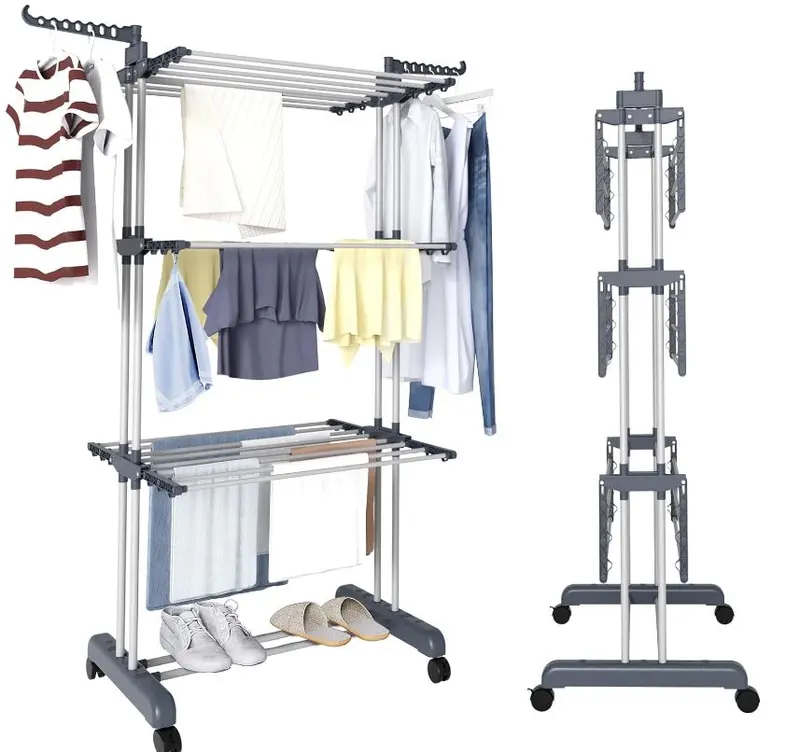 3-Tier Adjustable Rolling Clothes Drying Rack - Large Stainless Steel Laundry Hanger with Foldable Wings and Casters | Versatile Indoor/Outdoor Garment Dryer Accessories Hangable 0