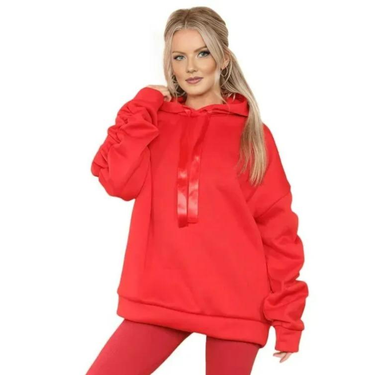 CRAZY LUXE Women's Ruched Sleeve Oversized Hoodie Ladies Ribbon Hoodie Jumper top Sizes 8-22 7