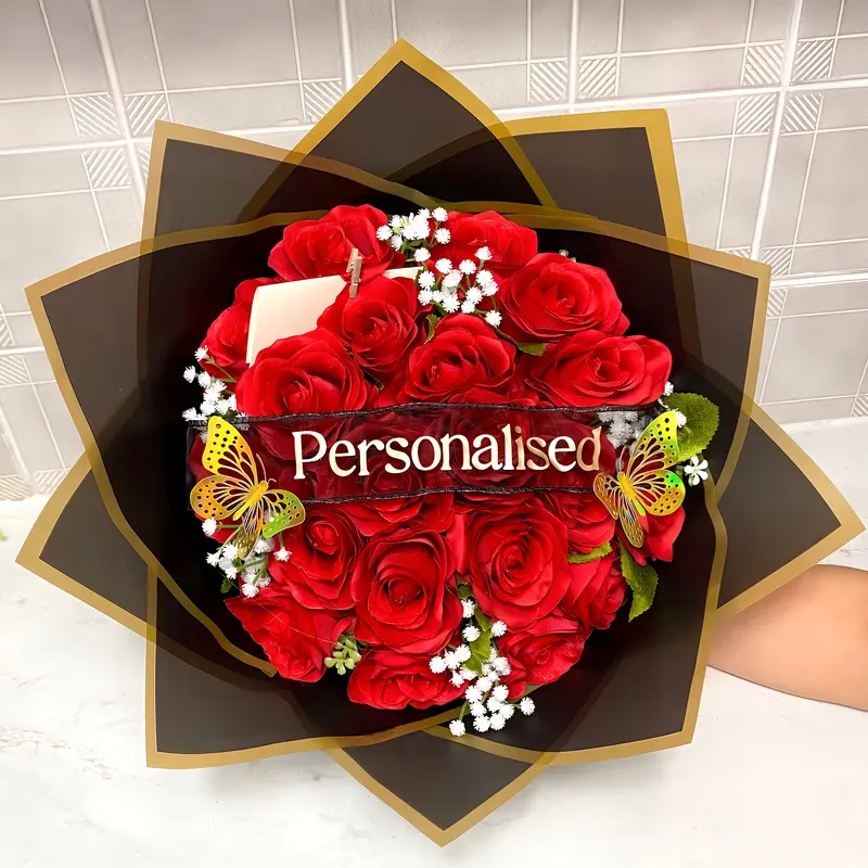 Beautiful Personalised Red Rose Bouquets Red/Pink/Purple/Grey - Inc. Two Butterflies, Postcard & Ribbon Message - The Perfect Gift For Any Occasion valentines flowers Decor Decorative 0