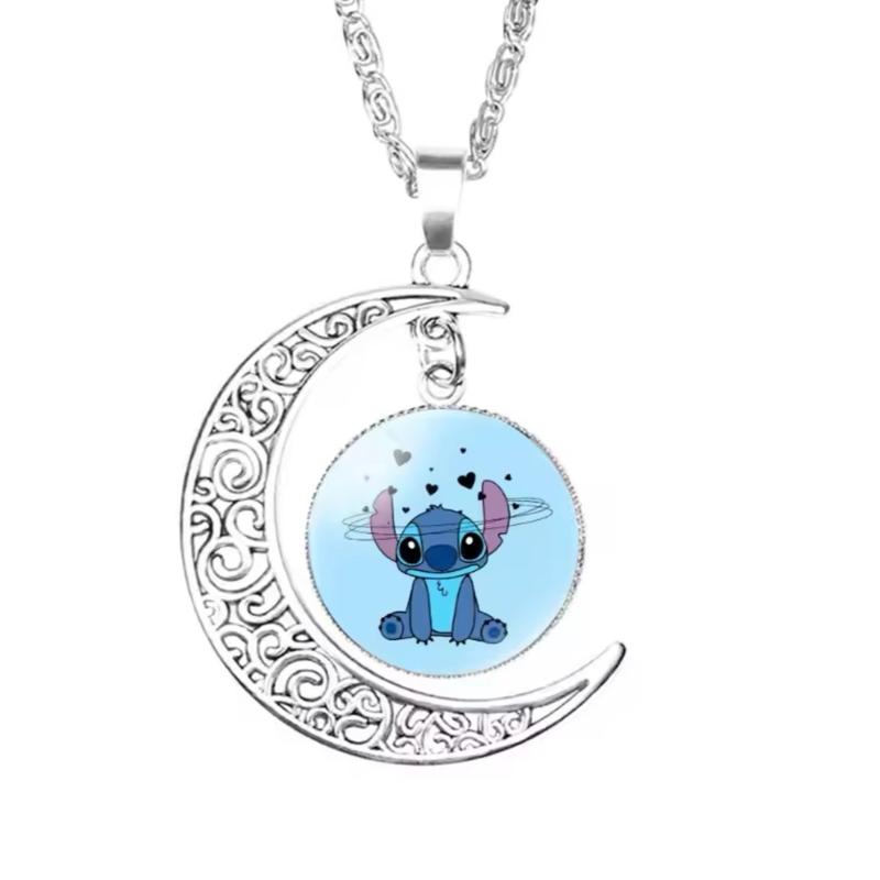 3 Piece Stitch and Angel  Necklace, Earring & Bracelet Set - Anime Cartoon 20mm Glass Dome Pendant Moon Alloy Chain Necklace Kids Gift Jewellery - Perfect Birthday / Christmas Gift 1