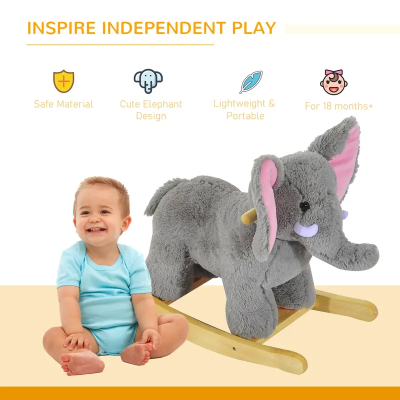 HOMCOM Kids Children Rocking Horse Plush Ride on Animal Wooden Riding Traditional Rocker Gift w/32 nursery rhymes (Grey Elephant) 3