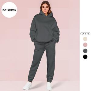 KatchMe Women's Casual Solid Color Kangaroo Pocket Loose Hoodie & Elastic Waist Sweatpants Co-ord,Comfort Set for Fall & Winter,Basic Two Piece Outfits