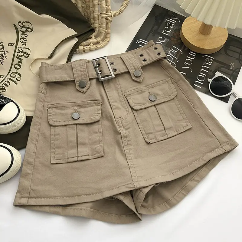 (ships from UK)Women's Solid Color Pockets Belt Decor Shorts (Size 6-14) 1